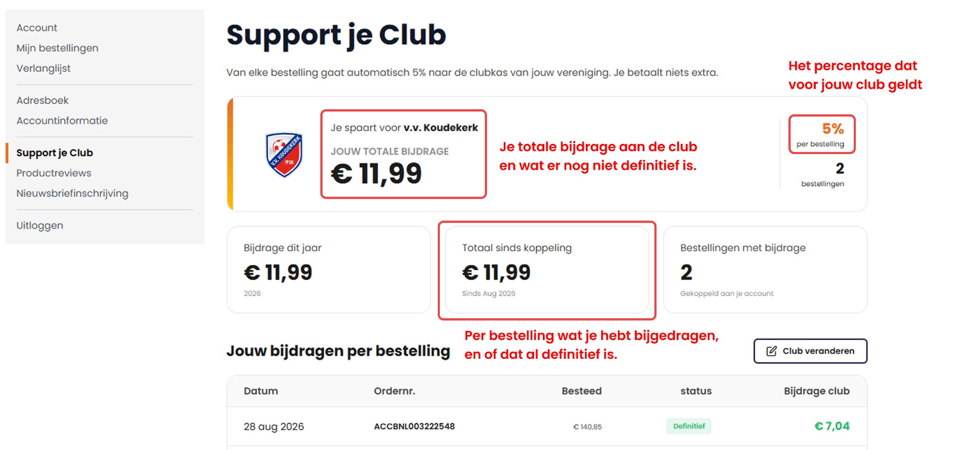 Support je Club: Zo ziet het eruit in je account